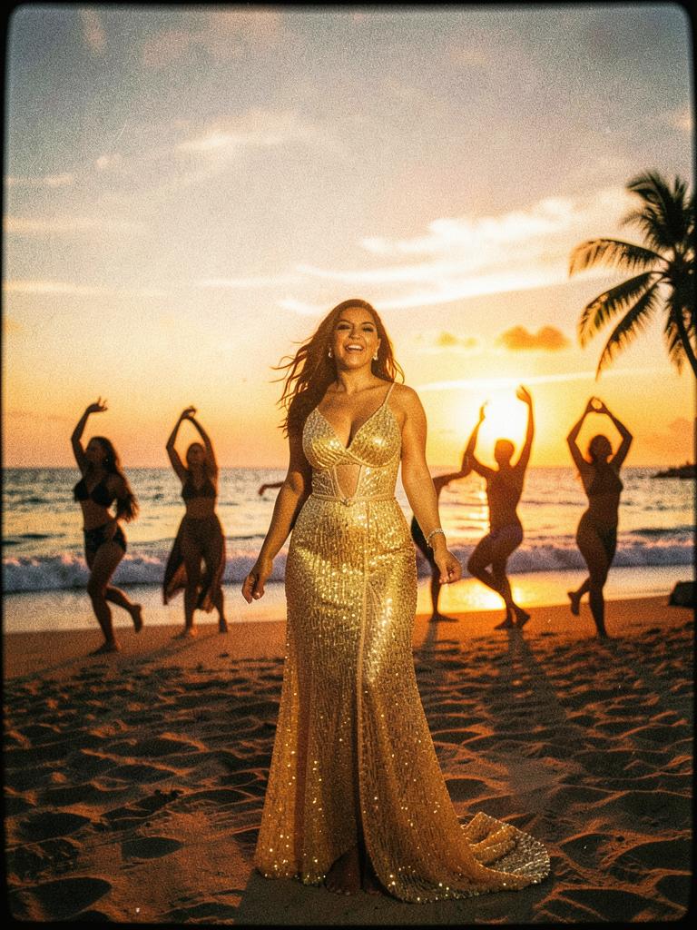 Chanteuse en robe dorée sur une plage au coucher du soleil avec des danseurs