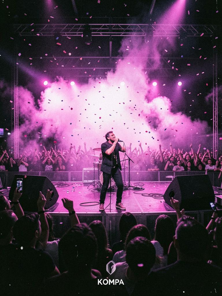 Artiste kompa sur scène devant une foule en délire, lumières magenta et confettis
