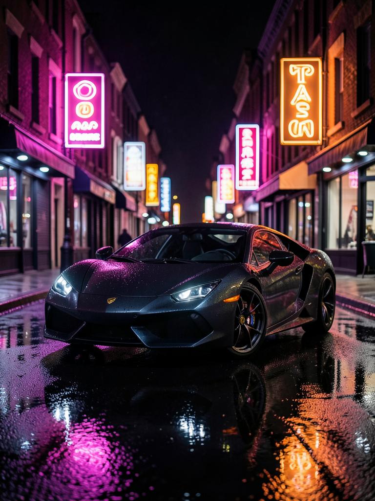 Voiture de sport sombre dans une rue aux néons, asphalte mouillé