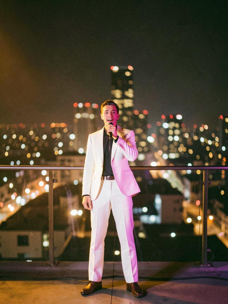 Chanteur en costume blanc sur un rooftop de nuit face aux lumières de la ville